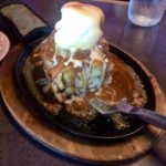 Bread pudding on sizzling skillet at Kahoots Steak and Alehouse