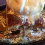 Bread pudding bubbling caramel sauce CU at Kahootz