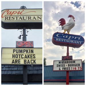 Capri Sign before and after Rudy the Rooster came to the Capri