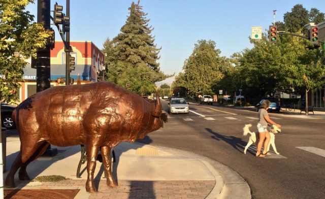 Crossing the street with a wild art animal watching in Downtown Meridian.