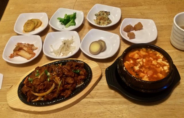 Seafood Soon Tofu Soup, Ban Chan and spicy Pork Bulgogi at Mr. Wok in Boise