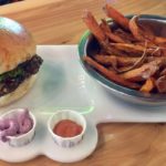 Vegan Burger, Yam Fries and fry sauces