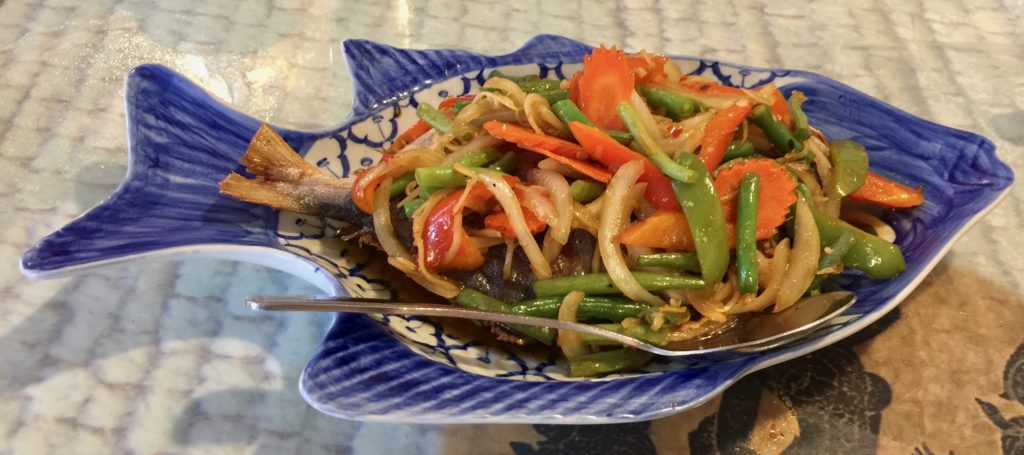 Deep Fried Pompano fish with Three Flavor Sauce at Thai Cuisine in Boise