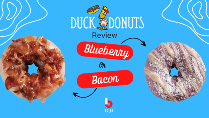 Picture of bacon and blueberry donuts with Ollie from Duck Donuts and Boise Beat logo.