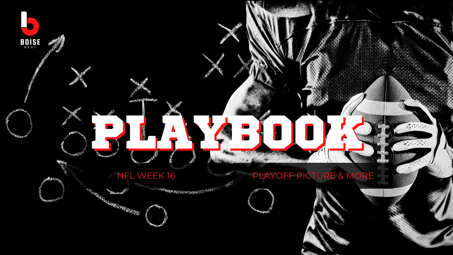 Football player with playbook drawings in the background and overview for NFL playoffs.