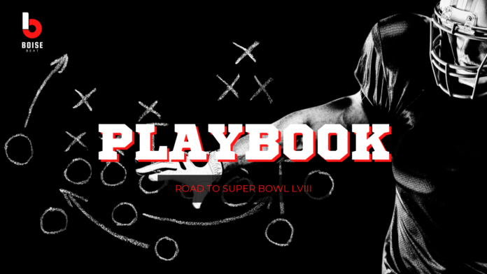 Playbook Podcast on the Boise Beat, with football player on a black and white background.