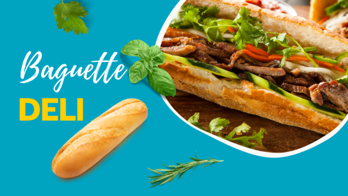 Fresh baguette and Vietnamese sandwich with veggies and beef over a bright blue background in Boise, Idaho.