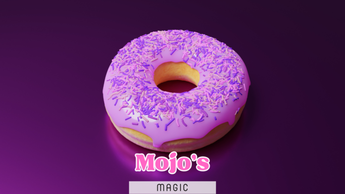 Purple donut with sprinkles, with metallic background for Mojo's Donuts and Ice Cream in Meridian, Idaho