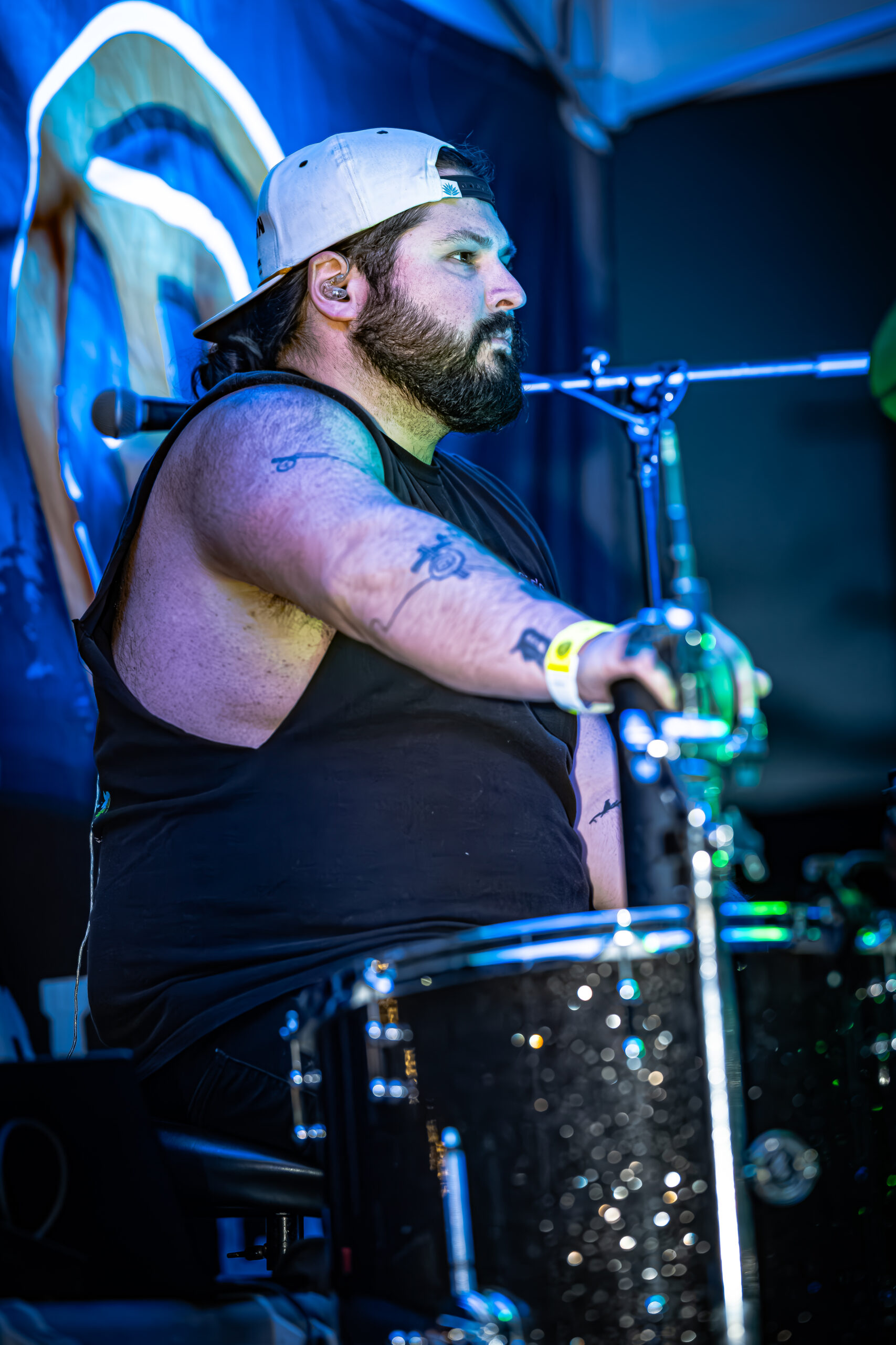 Dalton Thomas of Brother Elsey passionately playing drums at a live performance.