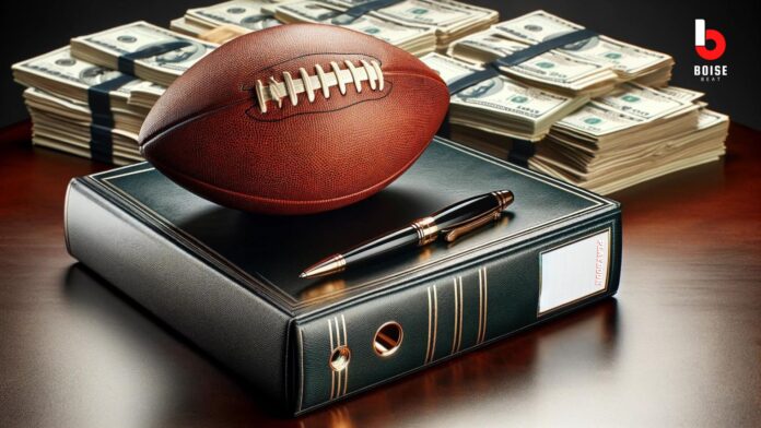 A football rests on an open playbook on a wooden surface, symbolizing strategy and planning in sports. Next to the playbook, there's an elegant pen, indicating the signing of contracts and decisions being made. Beside the pen, an hourglass stands, representing the passage of time and urgency in decision-making processes. A stack of money is neatly placed to the side, highlighting the financial aspects and high stakes involved in the sporting world. The scene combines elements of time, strategy, and finance, reflecting the complex nature of sports management and planning.