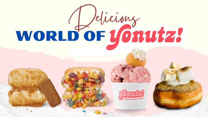 Variety of Yonutz donuts and ice cream colorfully showing flavors.