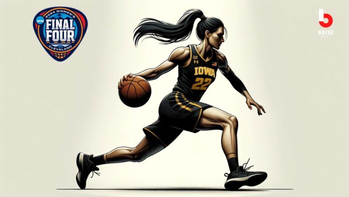 Illustration of a female basketball player, number 22, in action, representing Iowa at the NCAA Women's Final Four.