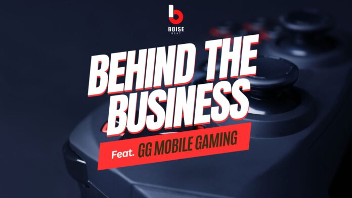 Gaming controller background with foreground featuring GG Mobile Gaming Company on Behind the Business on the Boise Beat.