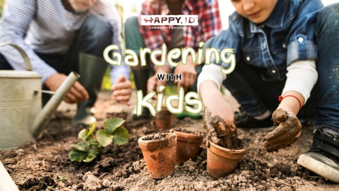 Picture of a family gardening and kids with mud on their hands from a ceramic pot with Gardening with Kids text overlaid and the Happy Idaho logo on top.