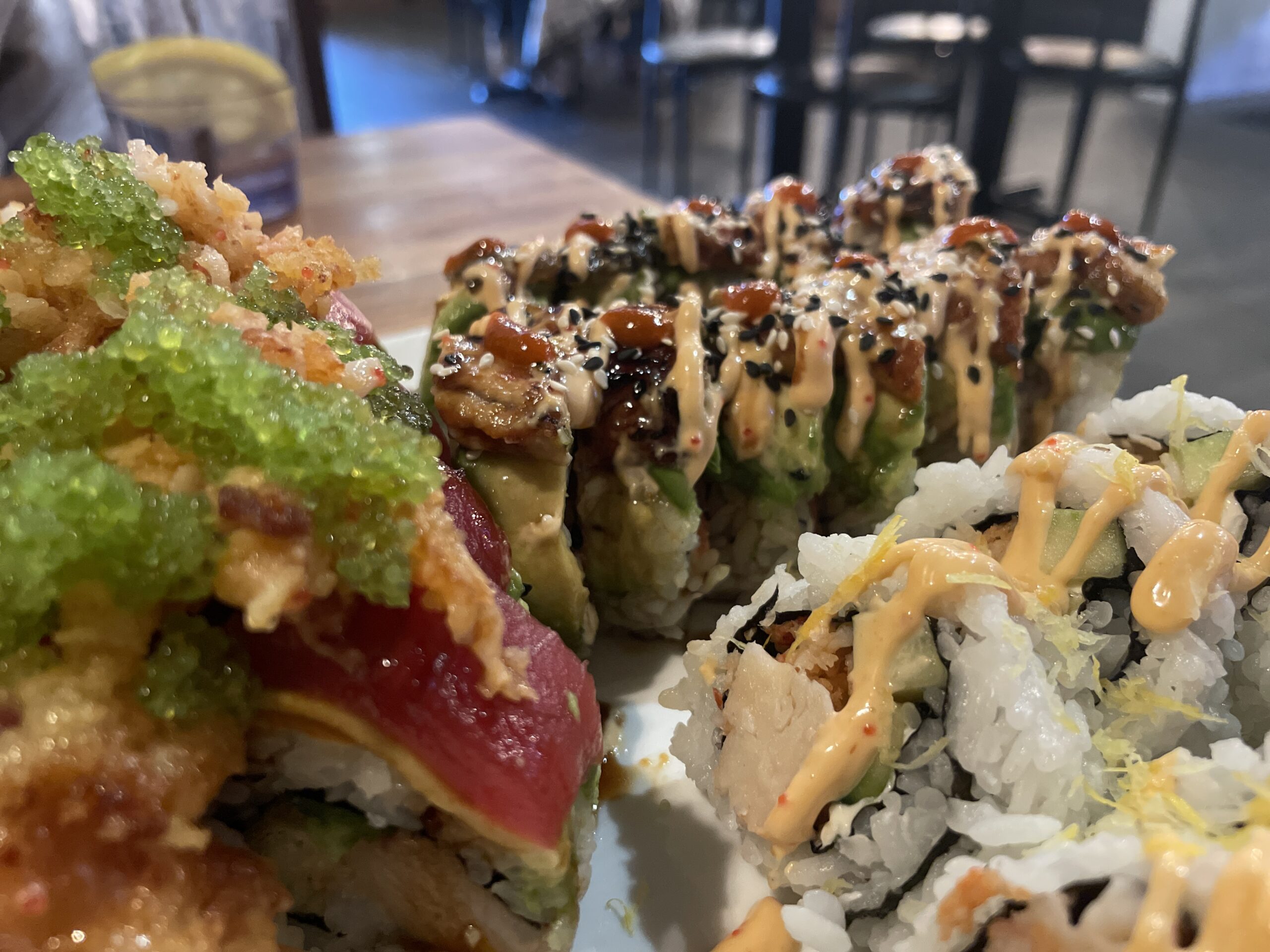 Rattlesnake, Green Dragon, and Bangar sushi rolls from Willowcreek Grill and Raw Sushi in Boise, Idaho.