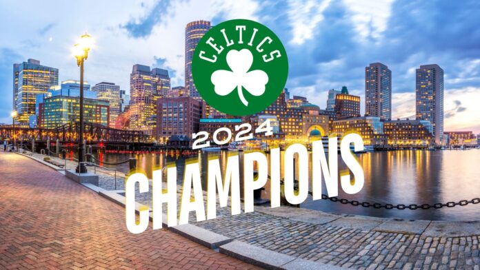 Picture of Boston, MA with the Boston Celtics logo.