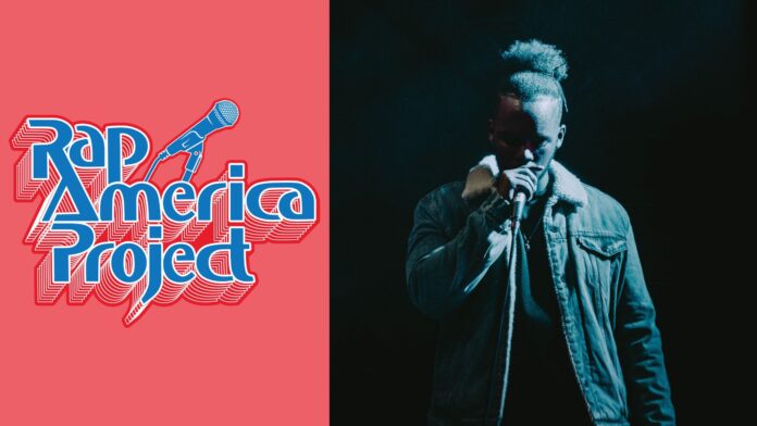 Silhouette of a young black man holding a microphone with the RAP America Project logo next to him signifying a performance at Boise Hive.