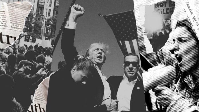 Montage of images depicting protests, including the infamous image of President Donald Trump standing defiantly with fist in the air after an attempted assassination, surrounded by Secret Service agents and an American flag in the background.