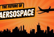 Innovating Aerospace Engineering: Aaron Theisen on Leading TNT Aerospace Plane illustration with a cityscape backdrop and orange sky depicting Aerospace.