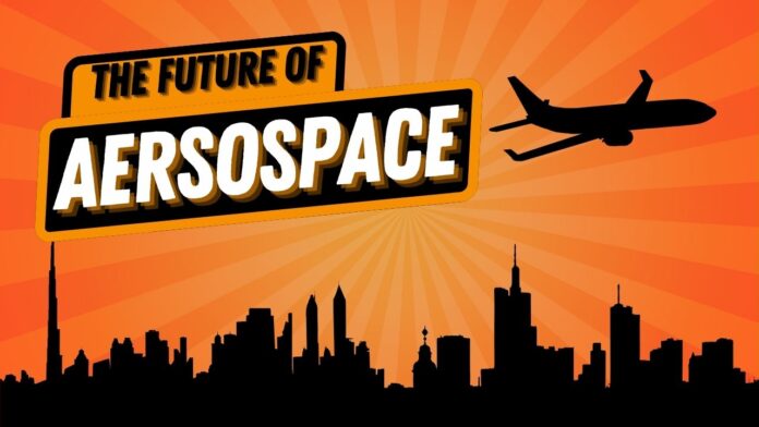 Plane illustration with a cityscape backdrop and orange sky depicting Aerospace.