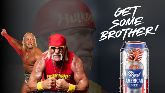 Hulk Hogan promoting Real American Beer with iconic poses and the tagline 'Get Some Brother!