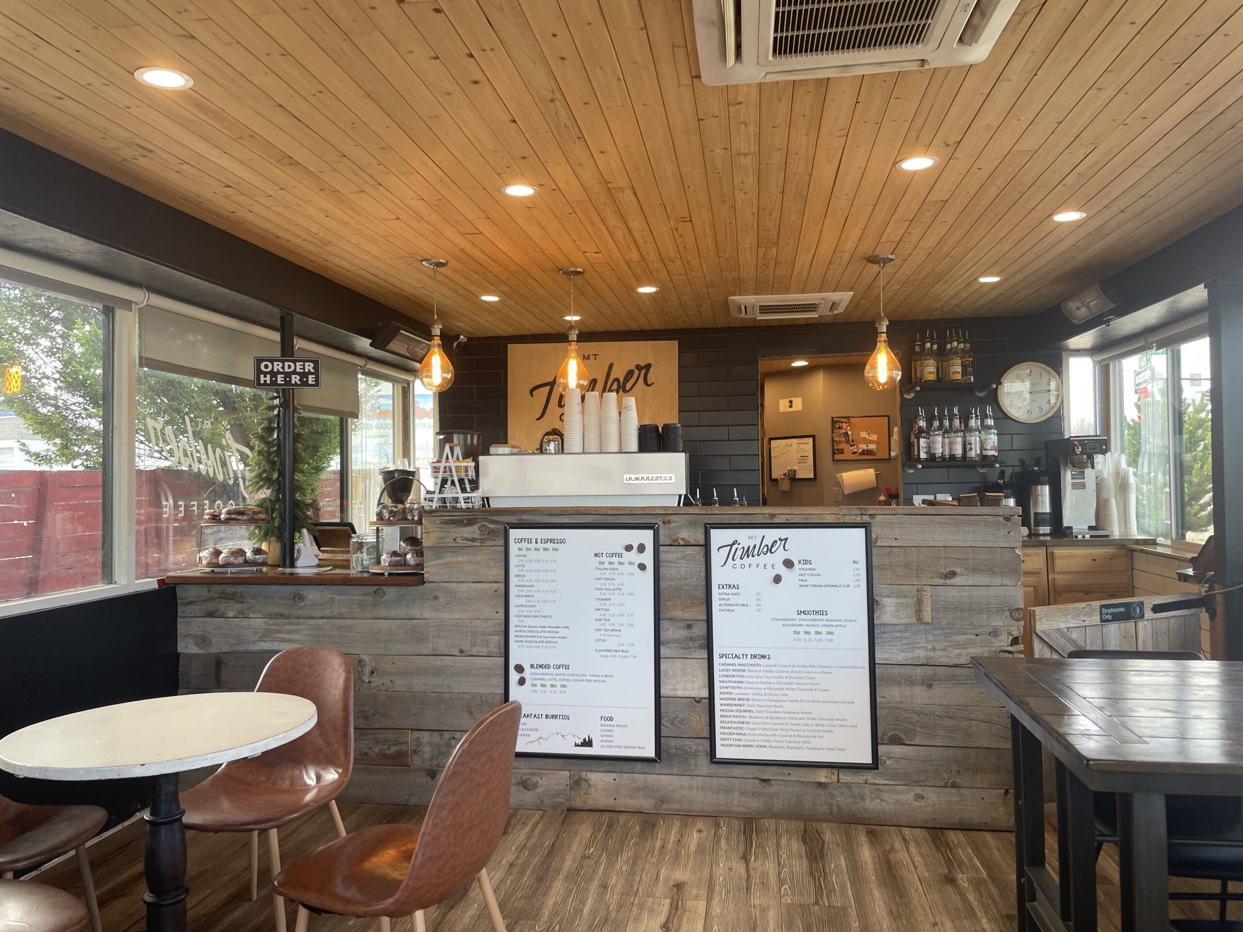 Inside view of Mountain Timber Coffee in Meridian, Idaho with menu and countertops.