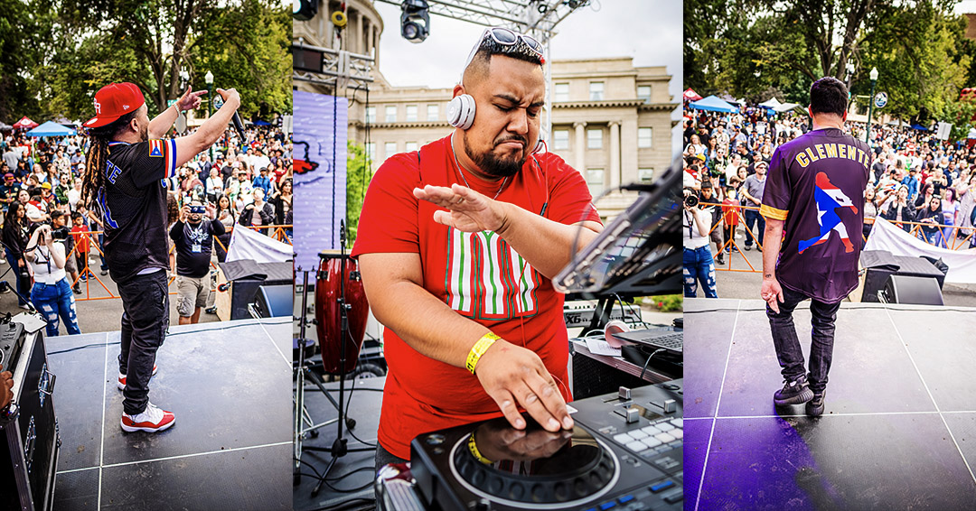 Collage of three images featuring the Perreo Boys performing on stage and DJ Fresh mixing music at Latino Fest 2024. The Perreo Boys wear colorful jerseys, and DJ Fresh is in a red shirt concentrating on his turntables.