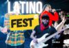 A promotional image for Latino Fest 2024 featuring A.B. Quintanilla playing a bass guitar. The words "Latino Fest" are prominently displayed in bold white and yellow text at the top, with A.B. Quintanilla's name labeled beside him on the right.