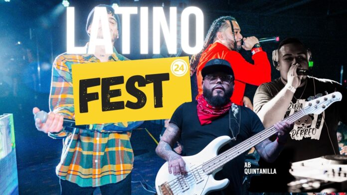 A promotional image for Latino Fest 2024 featuring A.B. Quintanilla playing a bass guitar. The words 