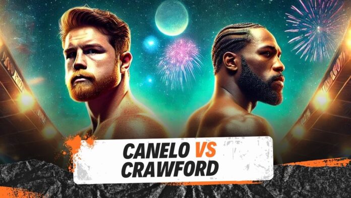 Promotional poster featuring Canelo Alvarez and Terence Crawford facing off, with a dramatic stadium backdrop and fireworks lighting up the sky.