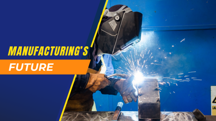 Welder working in a manufacturing plant with sparks flying, representing the future of U.S. manufacturing and reshoring efforts.