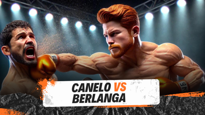 Canelo Alvarez lands a punch on Edgar Berlanga in a dramatic boxing match, showcasing his dominance in the ring. The image highlights Canelo's powerful strike and intense expression as Berlanga reacts to the blow.