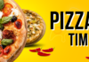 Two stone-fired pizzas on wooden serving boards with a vibrant yellow background and the text "PIZZA TIME" in bold black and white lettering, accompanied by red chili peppers.