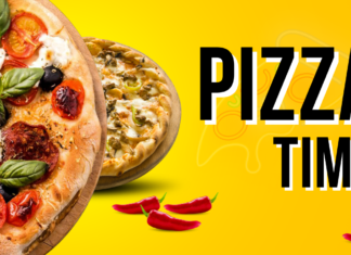 Two stone-fired pizzas on wooden serving boards with a vibrant yellow background and the text "PIZZA TIME" in bold black and white lettering, accompanied by red chili peppers.