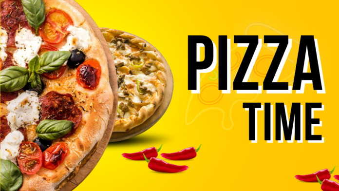 Two stone-fired pizzas on wooden serving boards with a vibrant yellow background and the text 