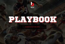NFL Early Season Chaos: Injuries, Game Highlights & Upcoming Predictions Playbook podcast cover image featuring a chaotic NFL game scene with players colliding on the field. The title 'Playbook' is displayed prominently in bold red and white letters, with the subtitle 'Chaos in the NFL' below. The Boise Beat logo is visible at the top center of the image.