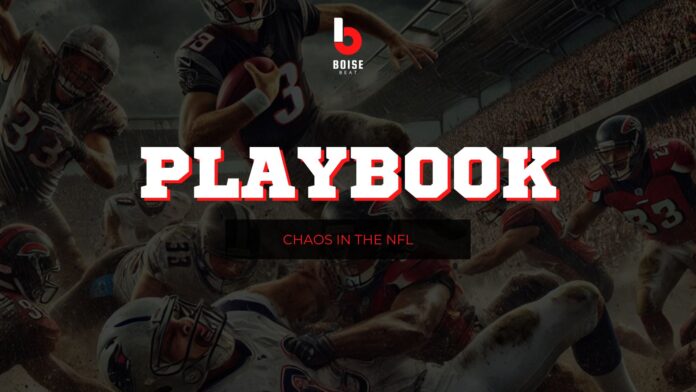 Playbook podcast cover image featuring a chaotic NFL game scene with players colliding on the field. The title 'Playbook' is displayed prominently in bold red and white letters, with the subtitle 'Chaos in the NFL' below. The Boise Beat logo is visible at the top center of the image.