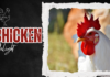 A promotional image for Chicken Delite featuring a close-up of a white rooster with a vibrant red comb on the right side of the image. The background is blurred with green and warm tones, while the left side displays the bold, rustic text "Chicken Delight" in white and red against a black background with a torn-paper edge effect.