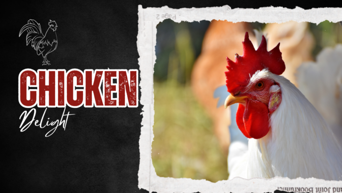 A promotional image for Chicken Delite featuring a close-up of a white rooster with a vibrant red comb on the right side of the image. The background is blurred with green and warm tones, while the left side displays the bold, rustic text 