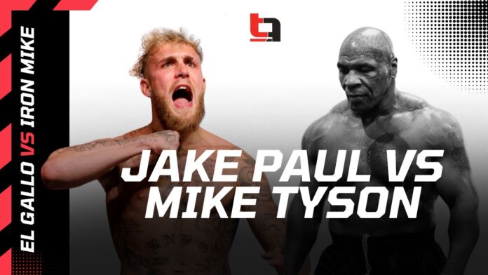 Promotional graphic featuring Jake Paul and Mike Tyson for their upcoming boxing match, titled 'Jake Paul vs Mike Tyson,' with Jake Paul yelling in intensity and Mike Tyson posing with a serious expression. The tagline reads 'El Gallo vs Iron Mike.