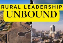 Breaking Barriers in Rural Leadership A split-image with the text "Rural Leadership Unbound" in bold, black font on a bright yellow background. The left side shows a rural residential area and undeveloped land, while the right side depicts a modern urban cityscape.