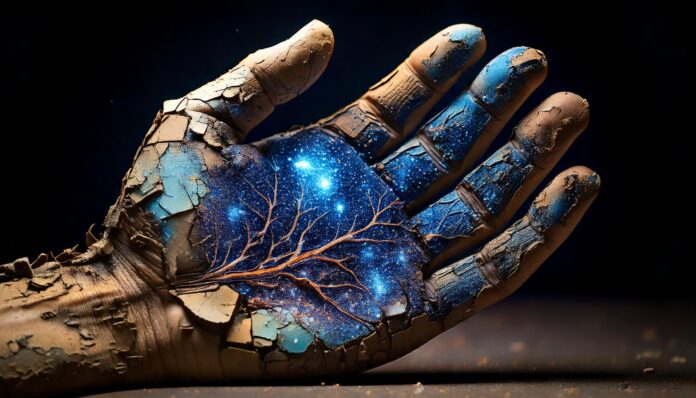 A cracked, earthy hand holding a glowing cosmic scene with stars and a tree-like pattern, blending nature and the universe in an abstract artistic depiction.