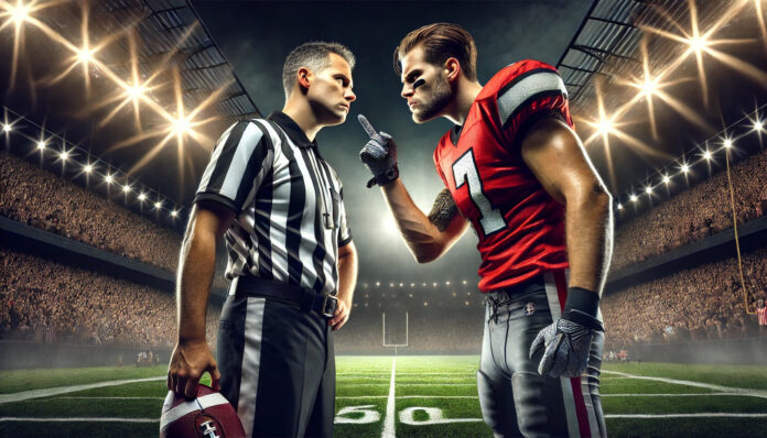 A football player in a red uniform angrily points at a referee holding a football on the 50-yard line of a packed stadium, engaging in an intense stare down under bright stadium lights.