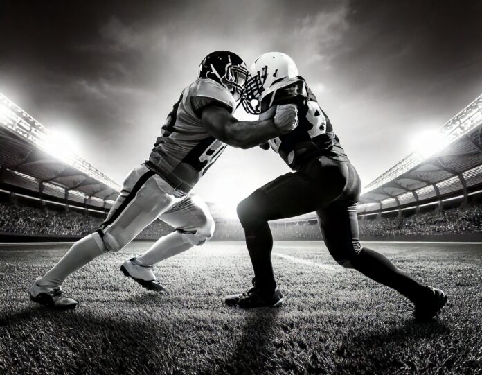 Black and white action shot of two professional American football linebackers colliding on the field under stadium lights.