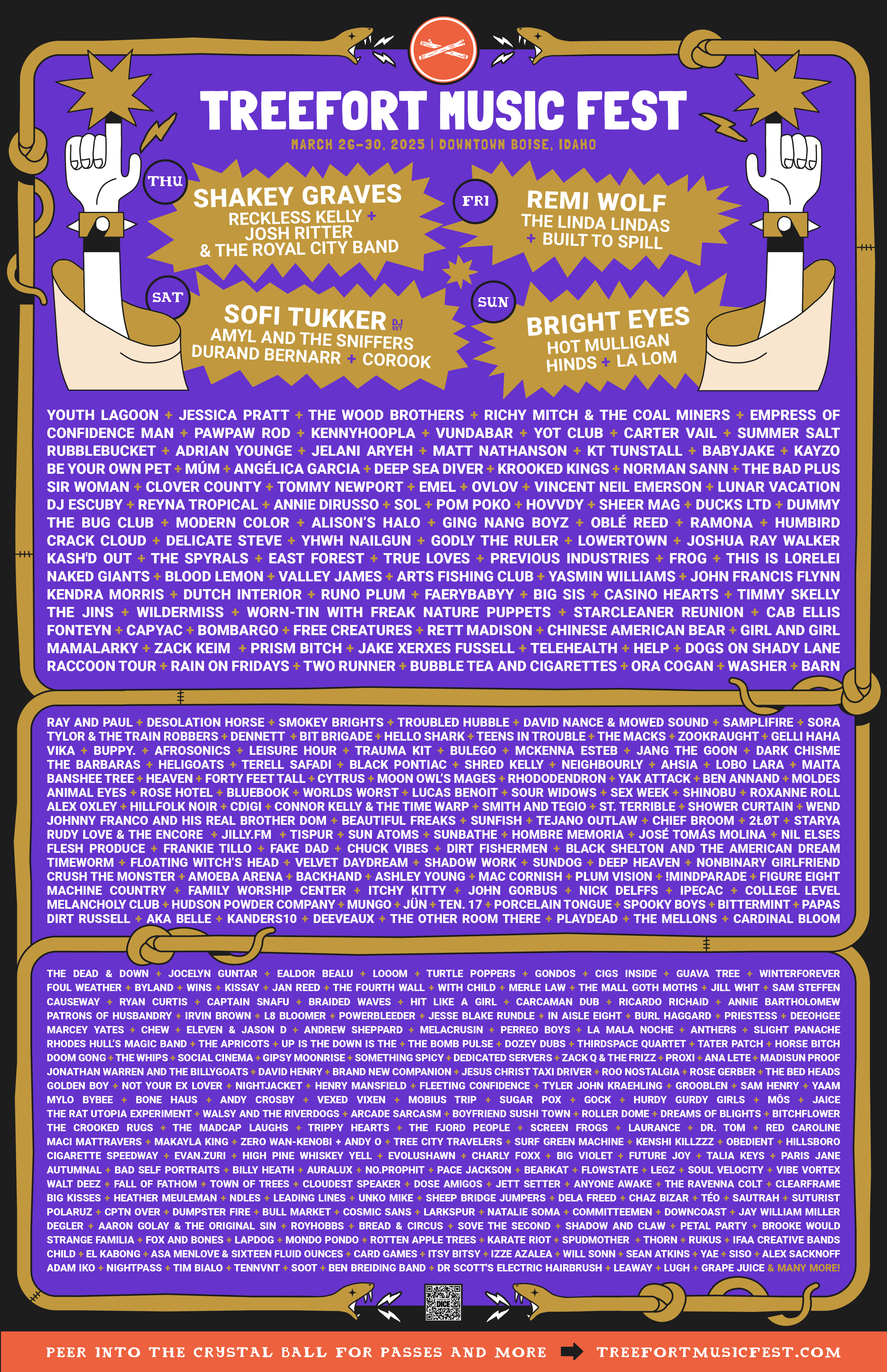 Treefort Music Festival 2025 lineup flyer displaying headliners Shakey Graves, Remi Wolf, Sofi Tukker, and Bright Eyes, along with a long list of performing artists. The design includes bold text, hand-drawn elements, and a dark purple background with gold and red accents.