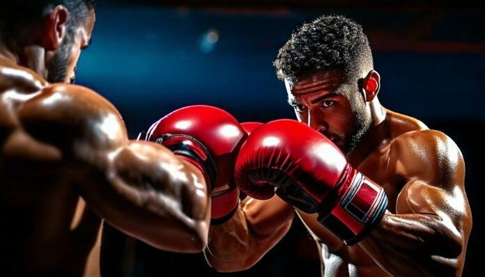 Two muscular boxers engaged in an intense boxing match, wearing red boxing gloves. One fighter is in a defensive stance with his gloves raised, while the other is mid-punch, showcasing determination and focus. The background is dimly lit, emphasizing the fighters' physiques and the energy of the bout.