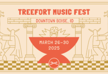 Treefort Music Festival 2025: Everything You Need to Know About Boise’s Iconic Event Treefort Music Festival 2025 flyer featuring stylized illustrations of figures holding guitars, a central red banner displaying 'March 26-30, 2025,' and event location 'Downtown Boise, ID.' The artwork has a warm, vintage aesthetic with gold, red, and beige tones.