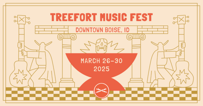 Treefort Music Festival 2025 flyer featuring stylized illustrations of figures holding guitars, a central red banner displaying 'March 26-30, 2025,' and event location 'Downtown Boise, ID.' The artwork has a warm, vintage aesthetic with gold, red, and beige tones.