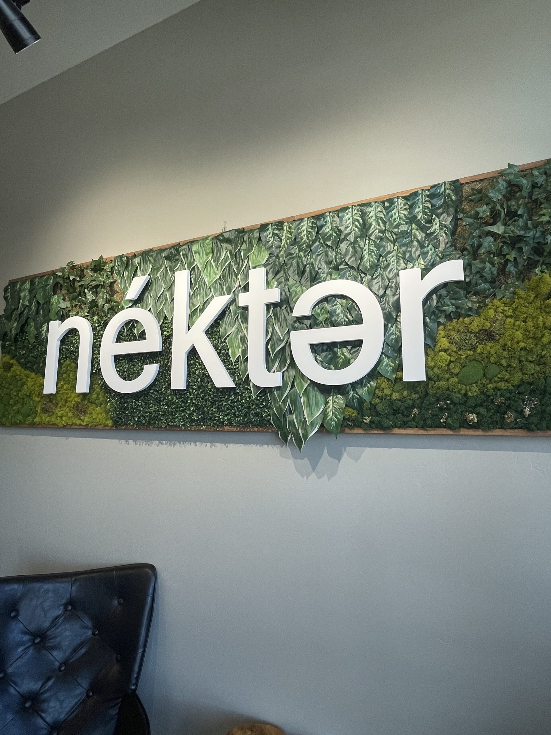 A decorative green wall inside Nekter Juice Bar in Meridian, Idaho, featuring the brand’s logo with lush greenery.