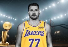 Luka Doncic to the Lakers?! NBA’s Biggest Trade & NFL Free Agency Bombshells Luka Doncic in a Los Angeles Lakers jersey with an NBA championship trophy in the background, set in a stadium with bright lights.